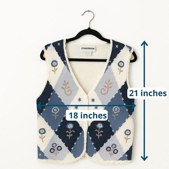 Stoneybrook Vintage Patchwork Sweater Vest Women’s Small Blue Floral Argyle - Picture 8 of 8